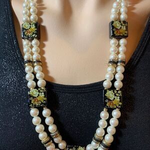 PEARL & FLORAL‎ BEADS NECKLACE & EARRINGS JAPAN